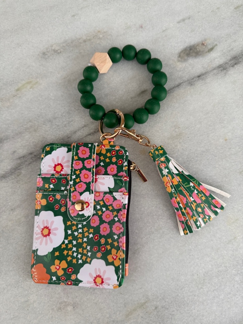 Green Floral Wristlet Card Holder with Tassel Keychain